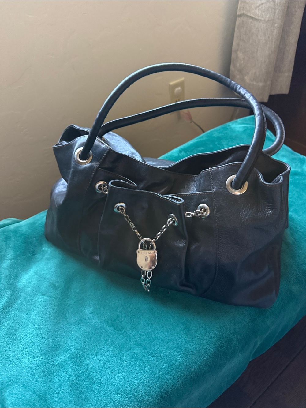 Furla Black Leather Shoulder Tote with Padlock Charm